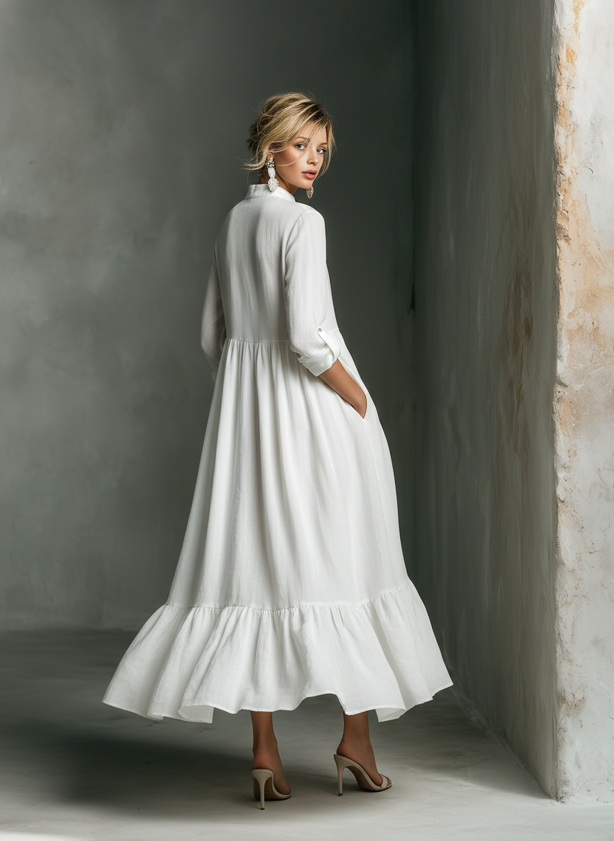 Linen Long Sleeve Maxi Dress with Ruffle Hem and Button Down Collar
