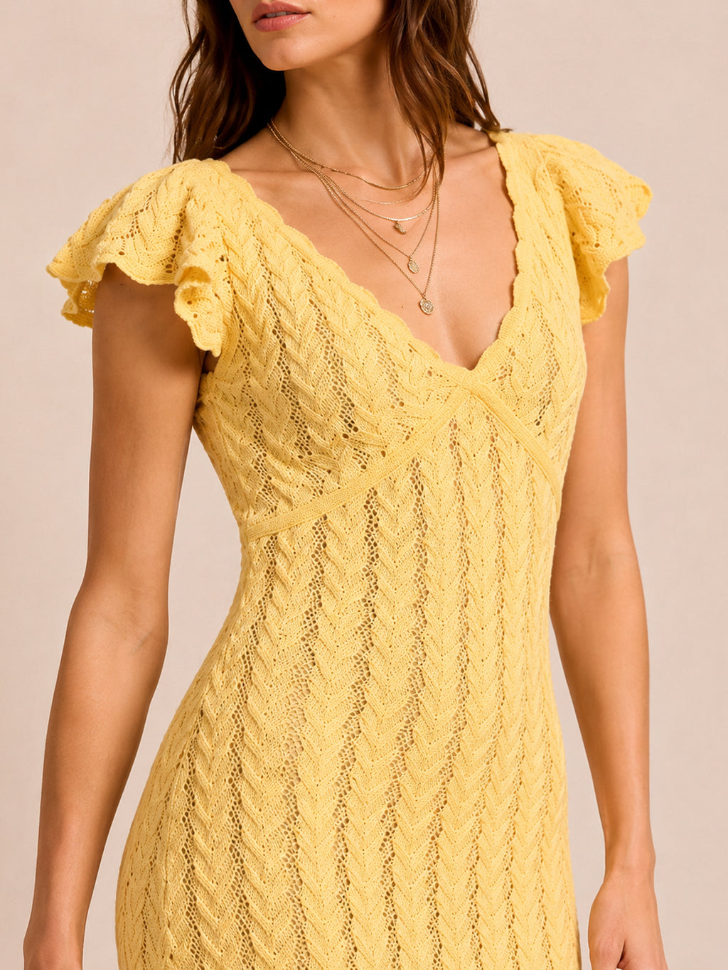 Yellow Cotton-Linen Knit Midi Dress – V-Neck with Ruffle Sleeves