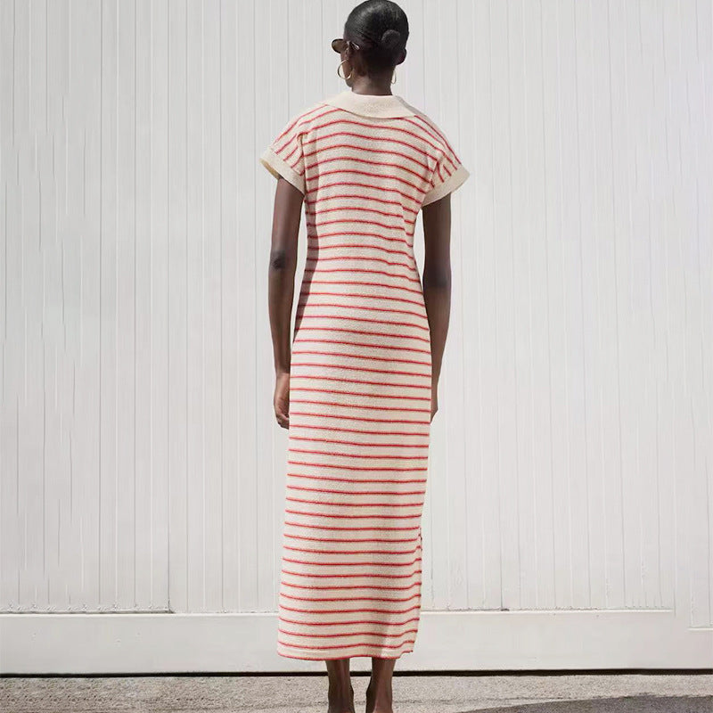Striped V-Neck Knit Polo Maxi Dress