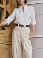 Band-Collar Button-Front Blouse
