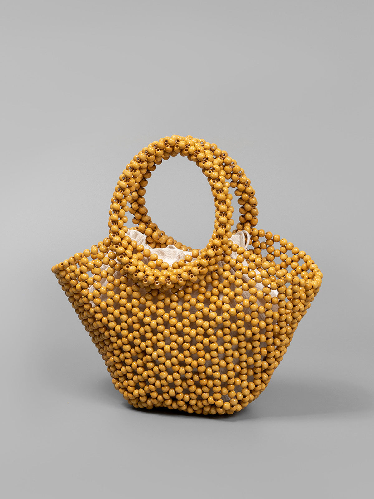 Wooden Bead Woven Tote Bag with Cotton Pouch