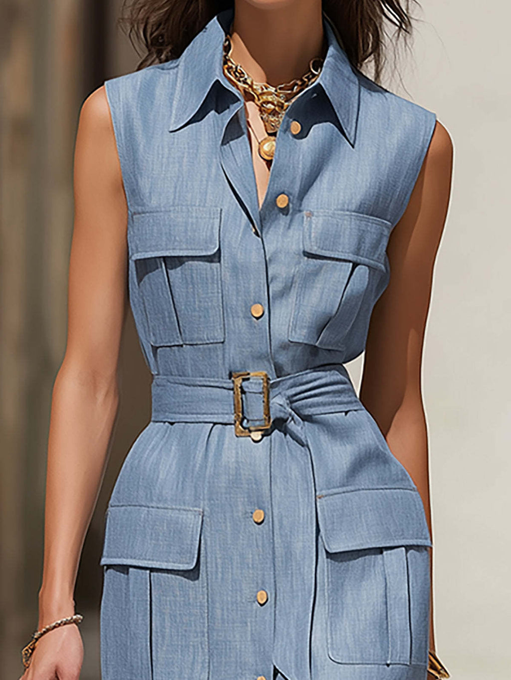 Denim Sleeveless Button-Down Midi Dress with Belted Waist and Pockets