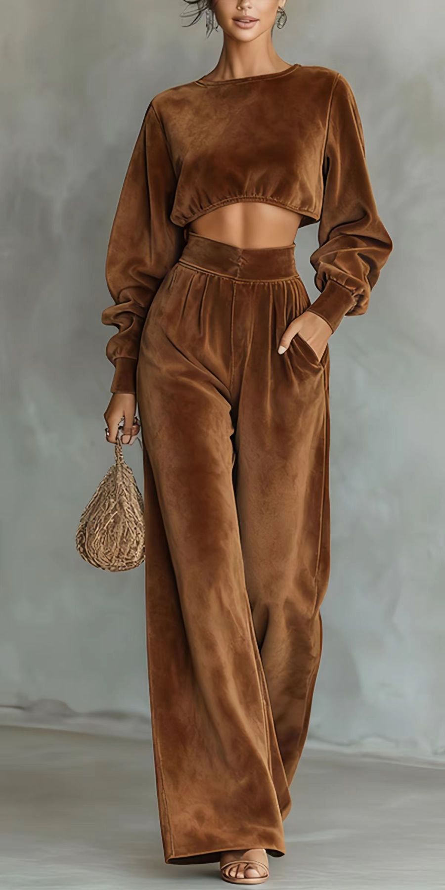 Velvet Cropped Top Wide Leg Pants Set