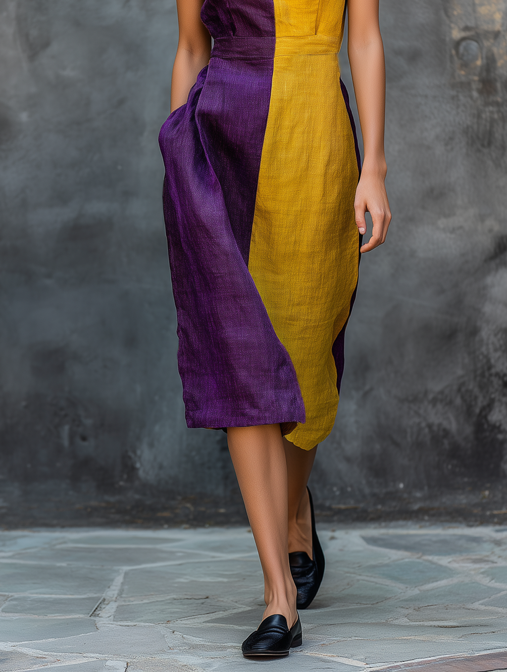 Linen Color-Block Sleeveless Midi Dress with Asymmetric Hem and Side Pockets