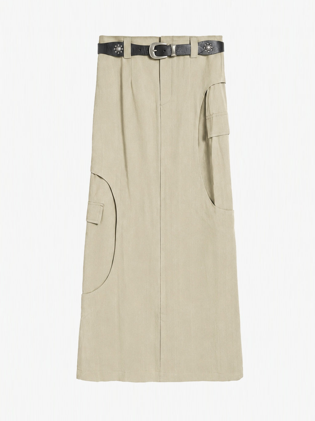 Curved-Seam Cargo Midi Skirt With Studded Belt