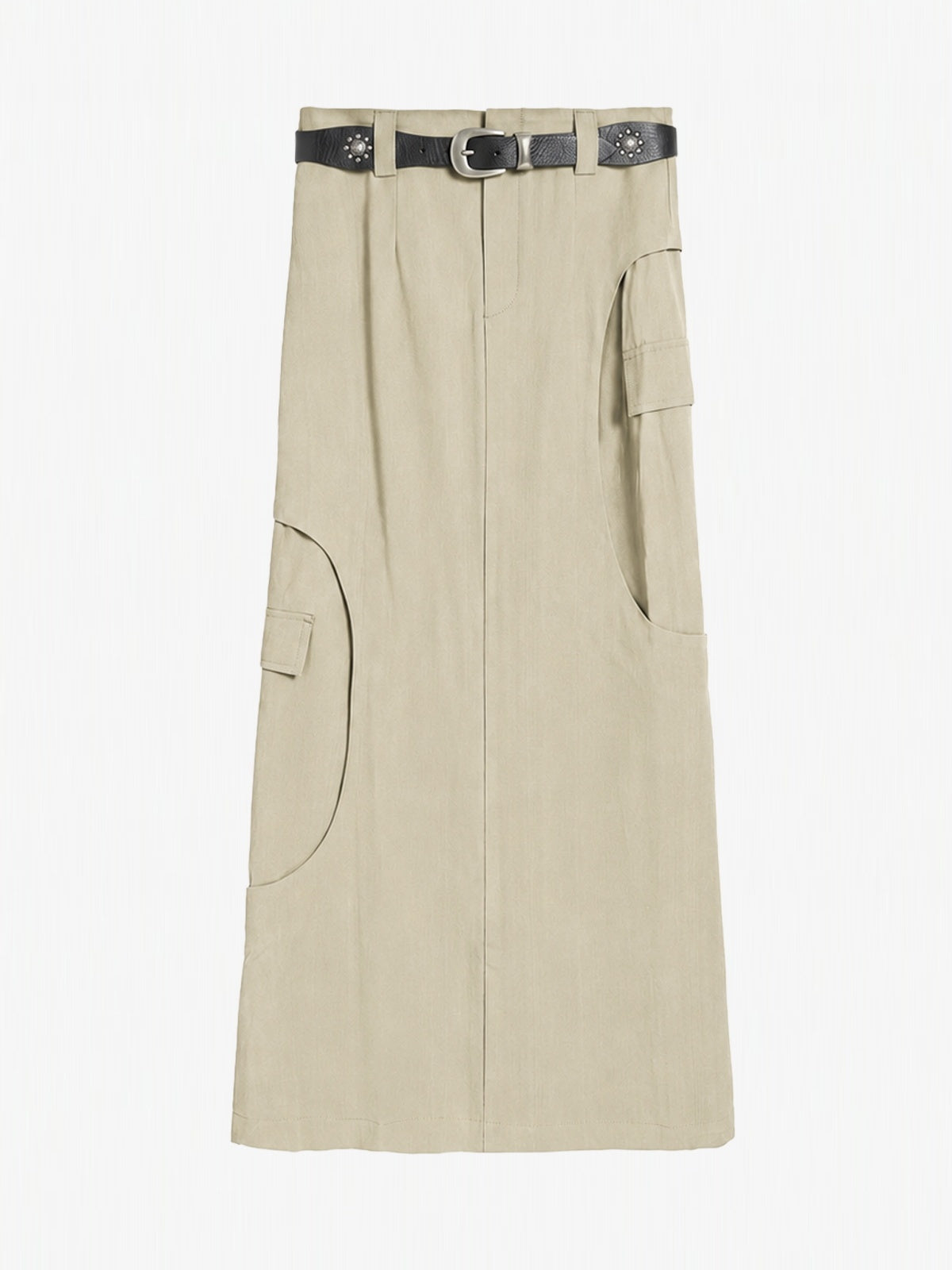 Curved-Seam Cargo Midi Skirt With Studded Belt