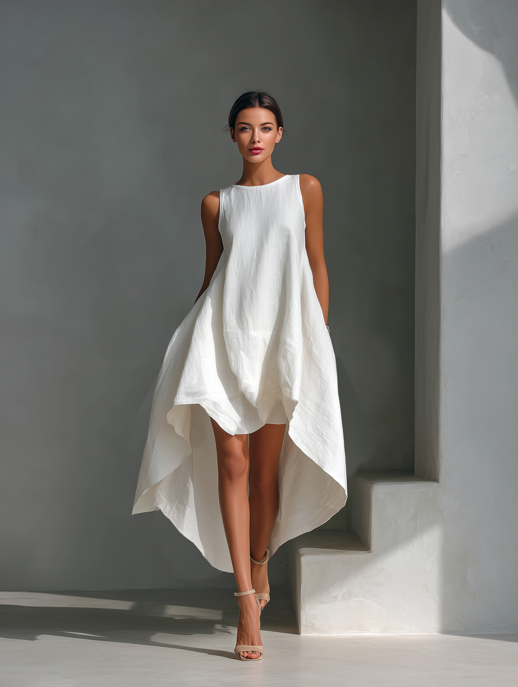 Linen Sleeveless High Low Dress Women Summer Casual Loose Fit Asymmetric Hem Maxi Dress