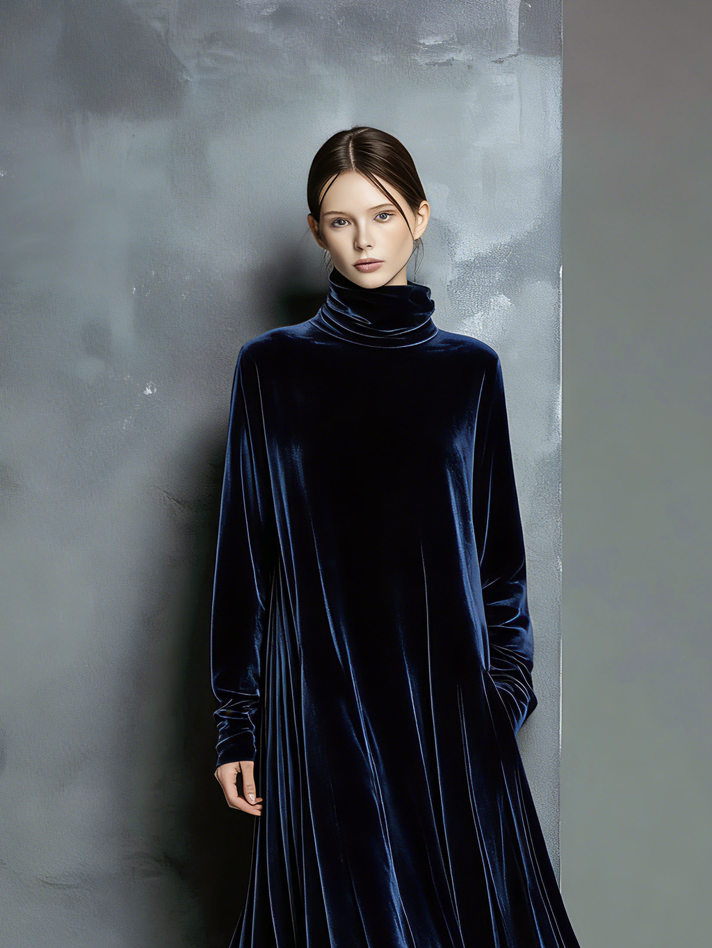Velvet Long Turtleneck Maxi Dress for Women - Elegant High Neck Floor Length Dress with Flared Hem
