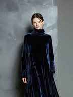 Samt-Rollkragen-Maxikleid für Damen – elegantes, hochgeschlossenes, bodenlanges Kleid mit ausgestelltem Saum