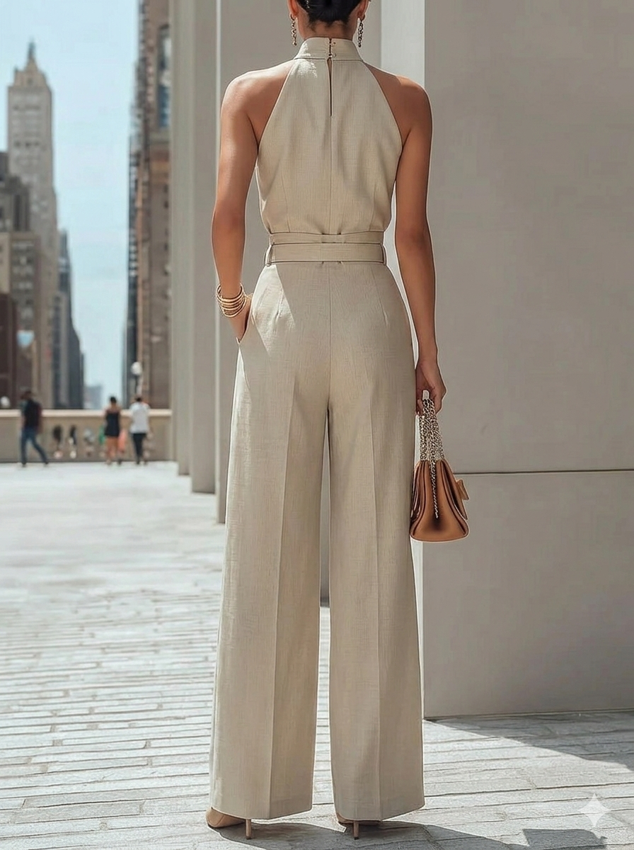 Ribbed Knit Sleeveless Halter Neck Wide Leg Jumpsuit with Belted Waist