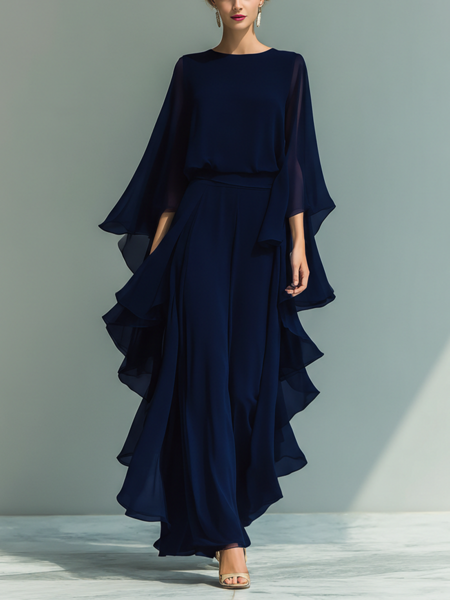 Chiffon Long Sleeve Layered Ruffle Maxi Dress for Women Elegant Navy Blue Formal Evening Gown with Cape Sleeves