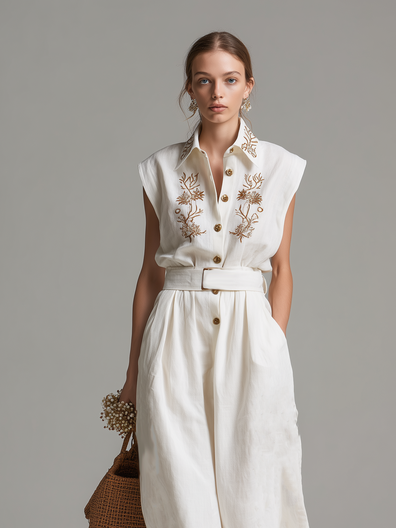 Linen Sleeveless Embroidered Maxi Dress with Belted Waist and Floral Detailing