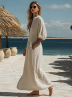Robe midi bohème décontractée rayée noire et beige boutonnée
