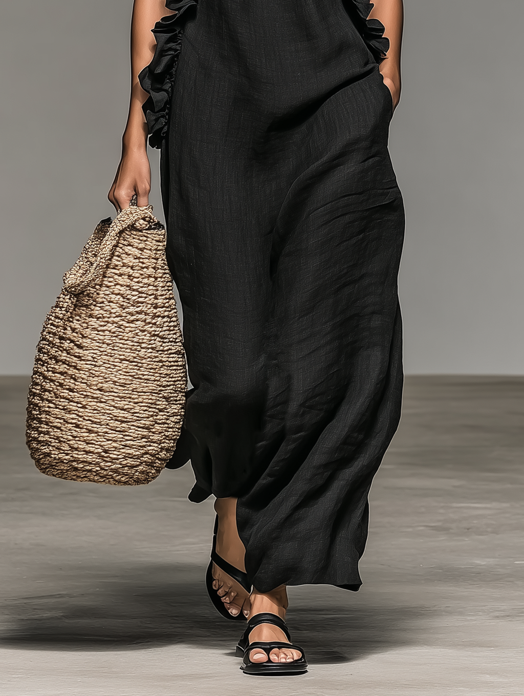 Ruffle Trim Halter Neck Sleeveless Maxi Dress