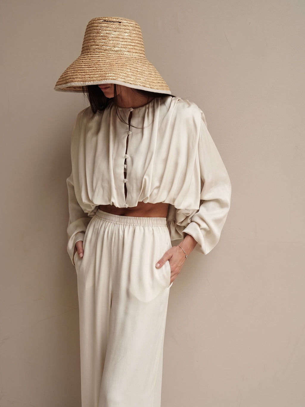 Satin Puff Sleeve Wide Leg Two-Piece Set