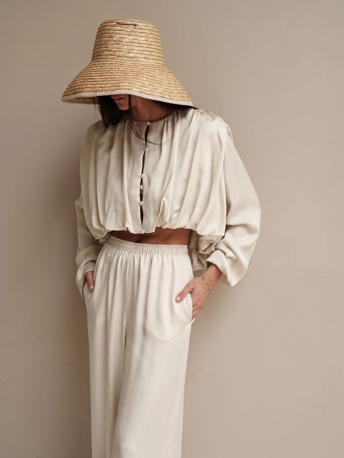 Satin Puff Sleeve Wide Leg Two-Piece Set
