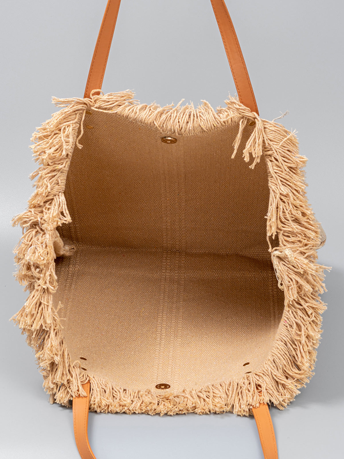 Handwoven Raffia Tote Bag with Fringe Trim