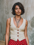 Linen Sleeveless V-Neck Button-Up Vest for Women Summer Boho Chic Top with Deep Plunge Neck and Front Closure