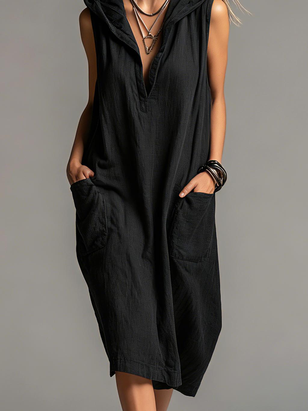 Linen Sleeveless Hooded Midi Dress with Pockets - Casual Loose Fit Women's Summer Dress