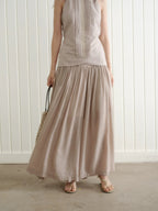 Button-Trim Gathered Midi Skirt