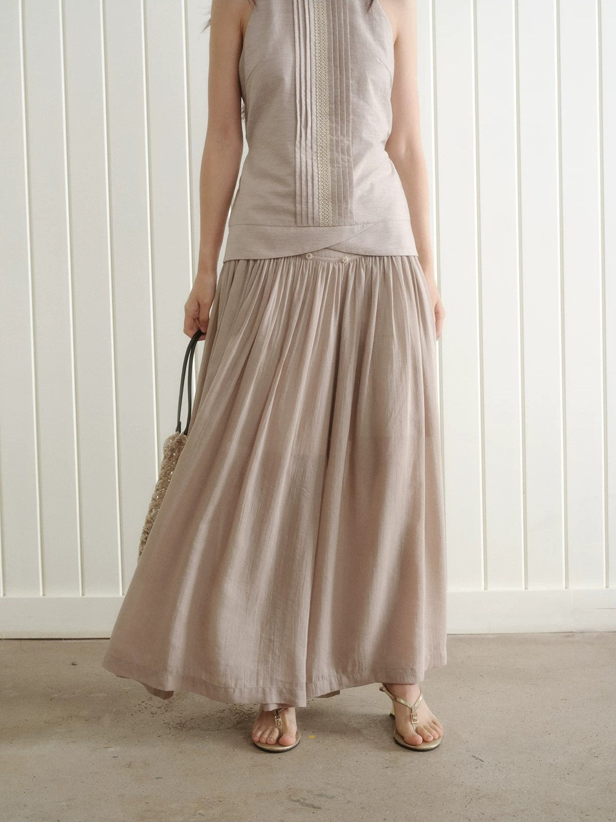 Button-Trim Gathered Midi Skirt