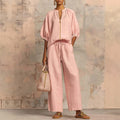 Linen Zip Up Blouse & Wide Leg Pants Two-Piece Set
