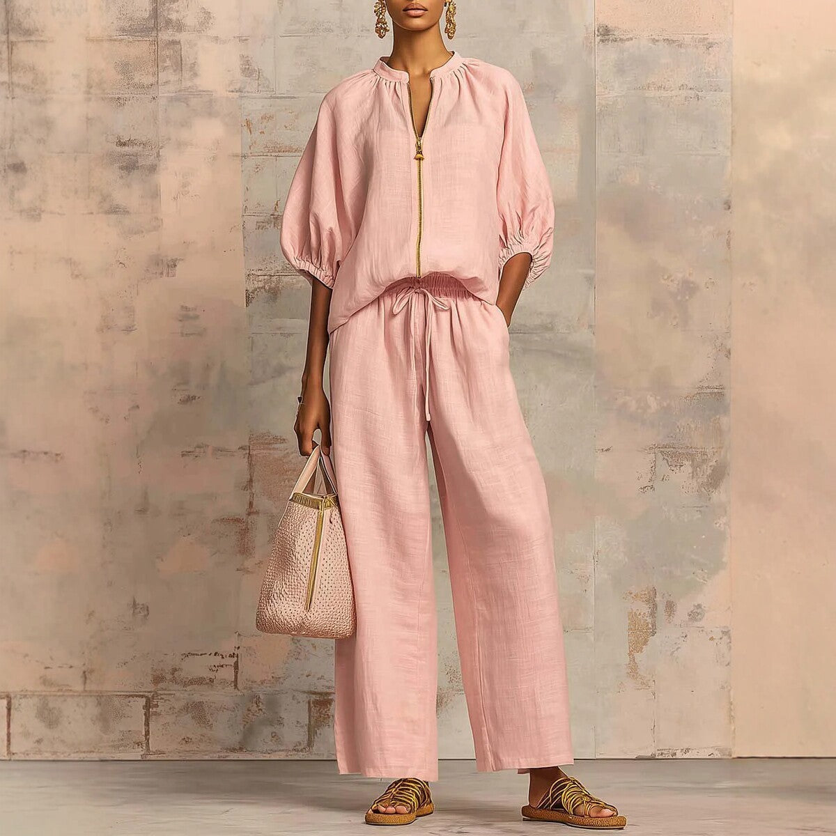 Linen Zip Up Blouse & Wide Leg Pants Two-Piece Set