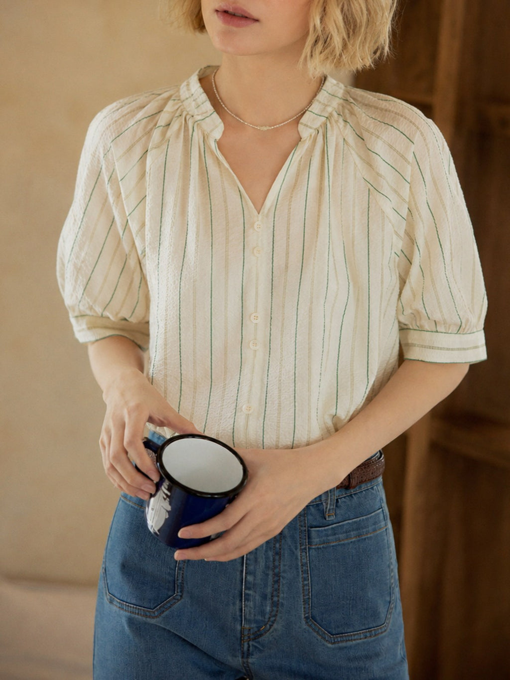 Stripe Band-Collar Blouse