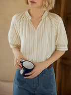 Stripe Band-Collar Blouse