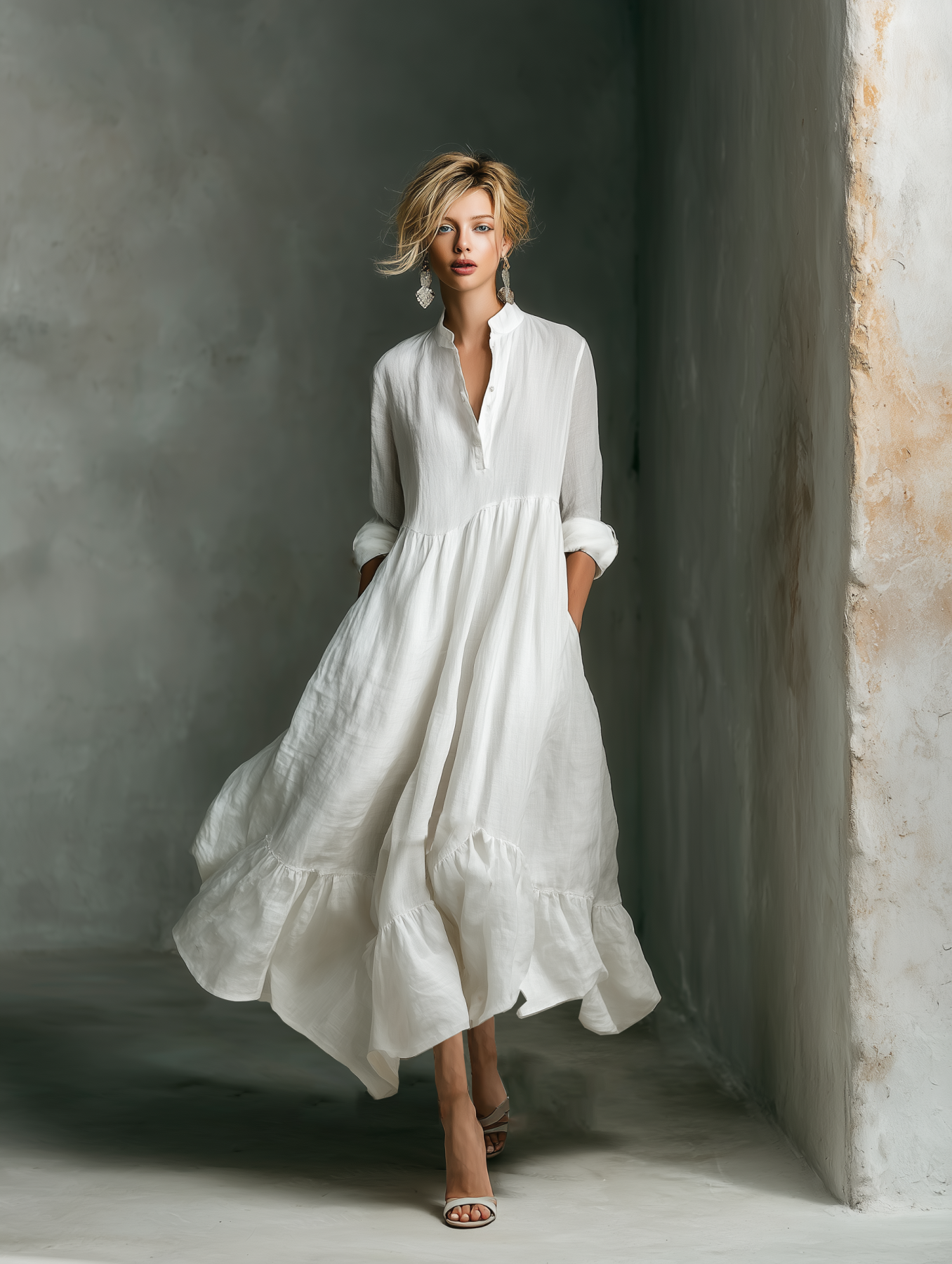 Linen Long Sleeve Maxi Dress with Ruffle Hem and Button Down Collar