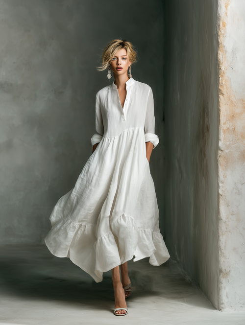 Leinen-Maxikleid mit langen Ärmeln, Rüschensaum und durchgehender Knopfleiste