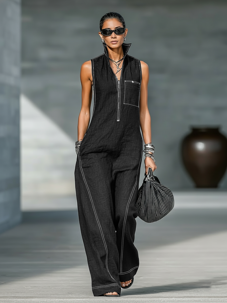 Linen Sleeveless Wide Leg Jumpsuit with Zipper Front and Contrast Stitching