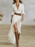 Lightweight Chiffon White Boho Maxi Dress with Deep V-Neck and High Slit for Women