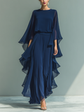 Chiffon Long Sleeve Layered Ruffle Maxi Dress for Women Elegant Navy Blue Formal Evening Gown with Cape Sleeves