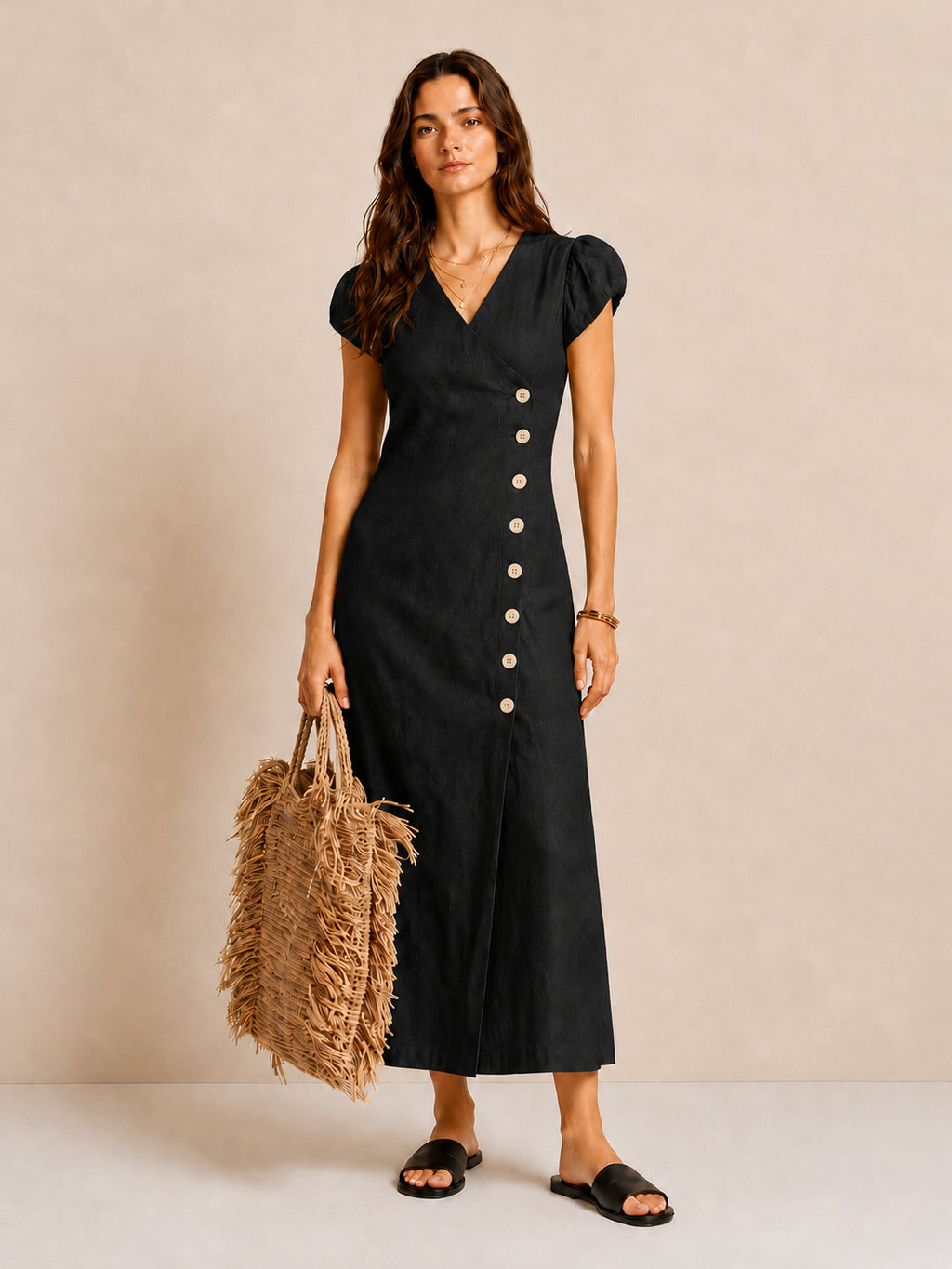 Asymmetric Button Puff Sleeve Dress