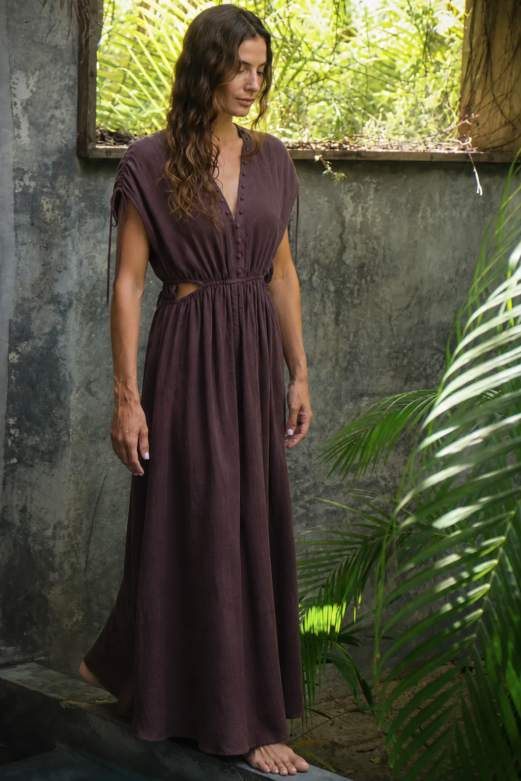 Linen V Neck Cut Out Midi Dress