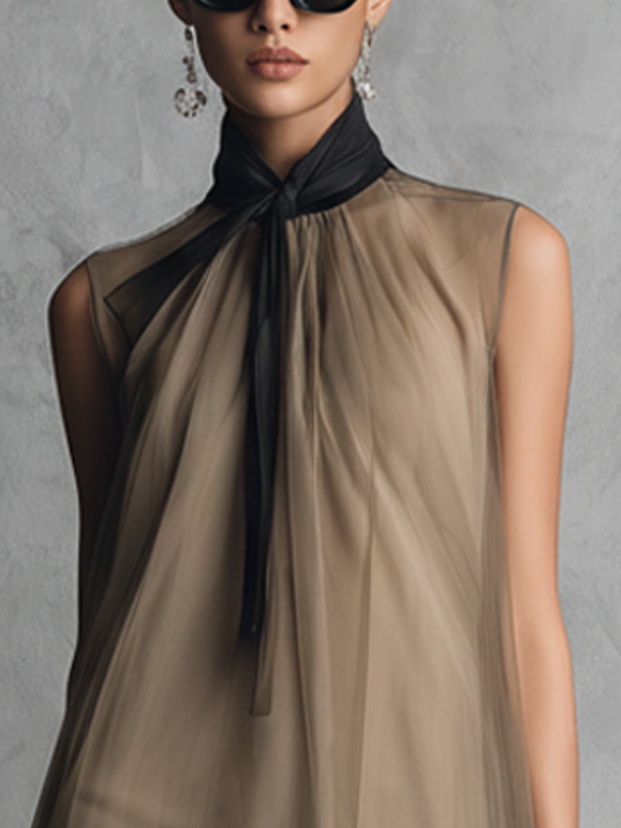 Sheer Chiffon Sleeveless Asymmetric Dress with Neck Tie Detail