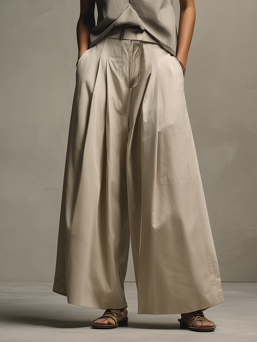 Cotton Linen Wide Leg Pants with Sleeveless V-Neck Top Set - Minimalist Modern Fashion for Women