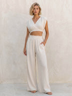 Pantalon en lin à taille élastique froncée