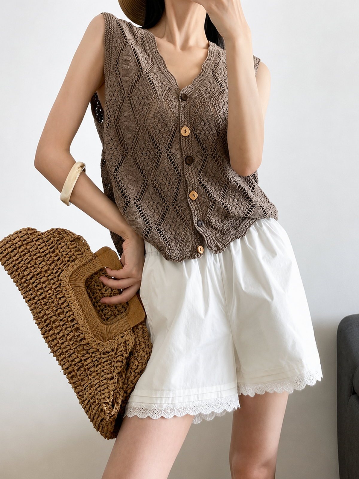 V-Neck Openwork Linen-Blend Paper Yarn Knit Vest