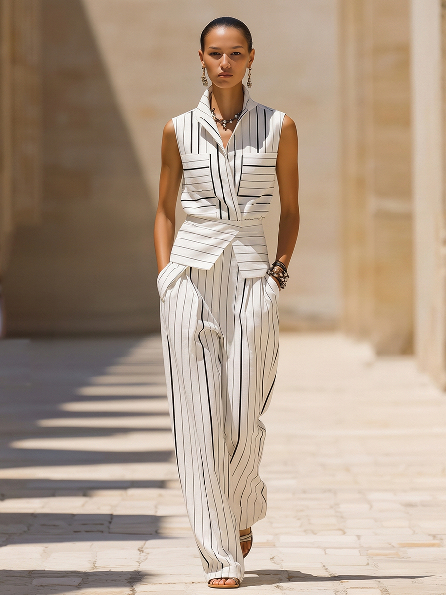 Cotton Blend Striped Sleeveless Jumpsuit with Wide Leg and Belted Waist