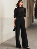 Schwarzes Chiffon-Top und weit geschnittene Hose Dreiteiliges Set