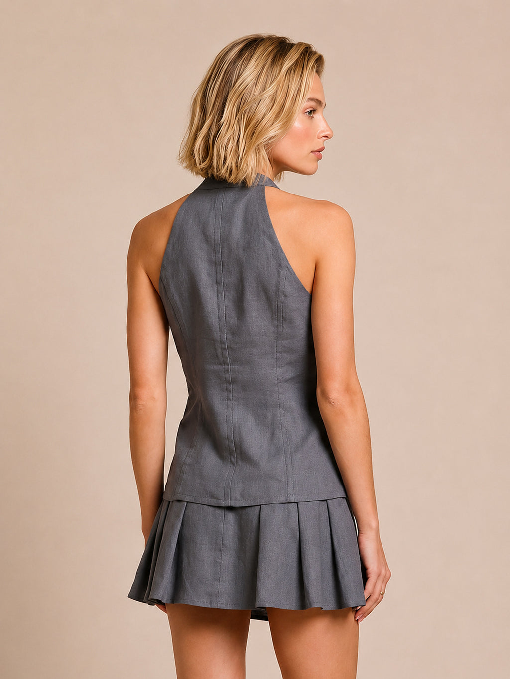 Grey Linen-Blend Halter Neck Pleated Mini Dress with Tie Detail