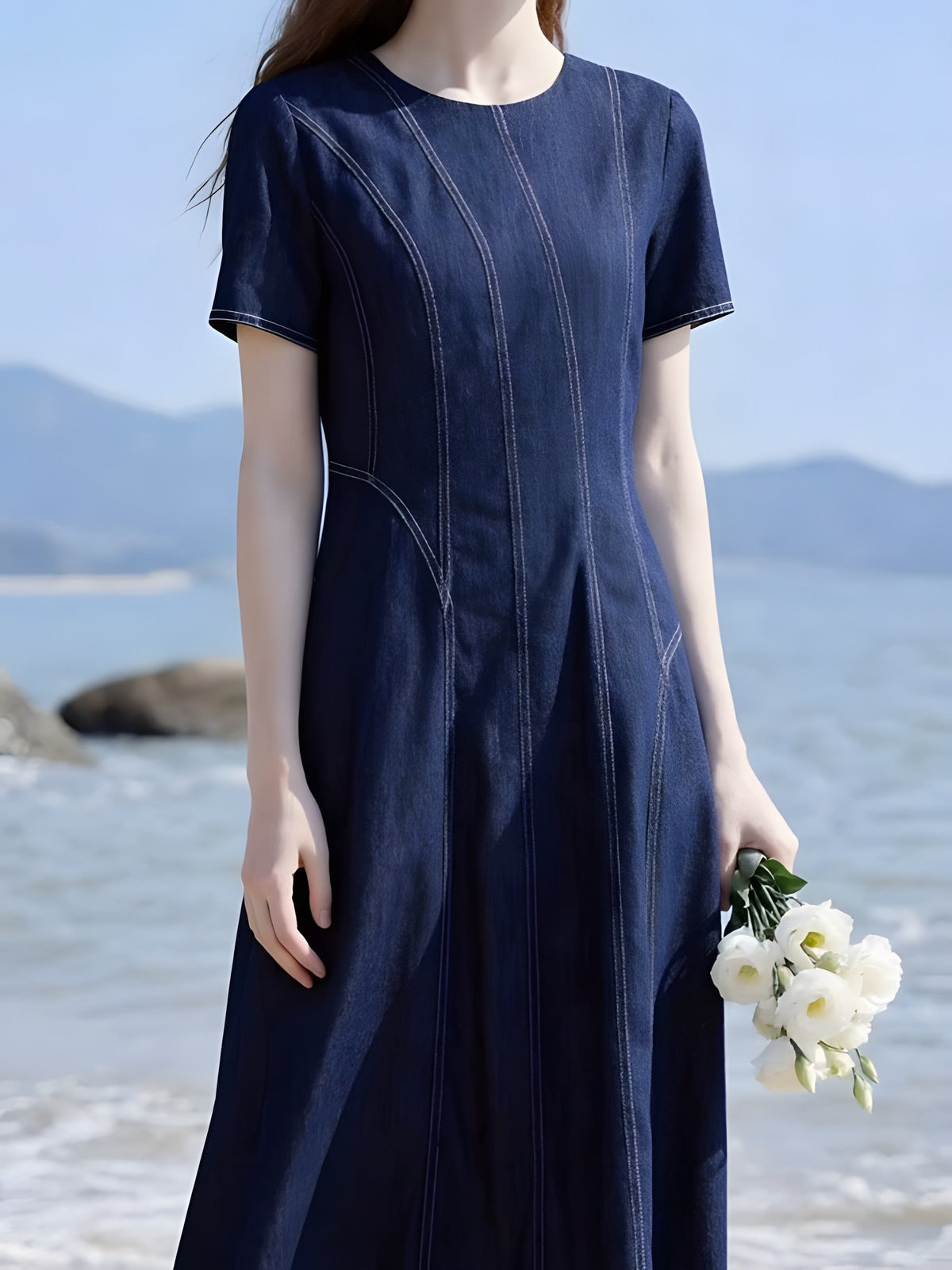 Contrast-Stitch A-Line Dress