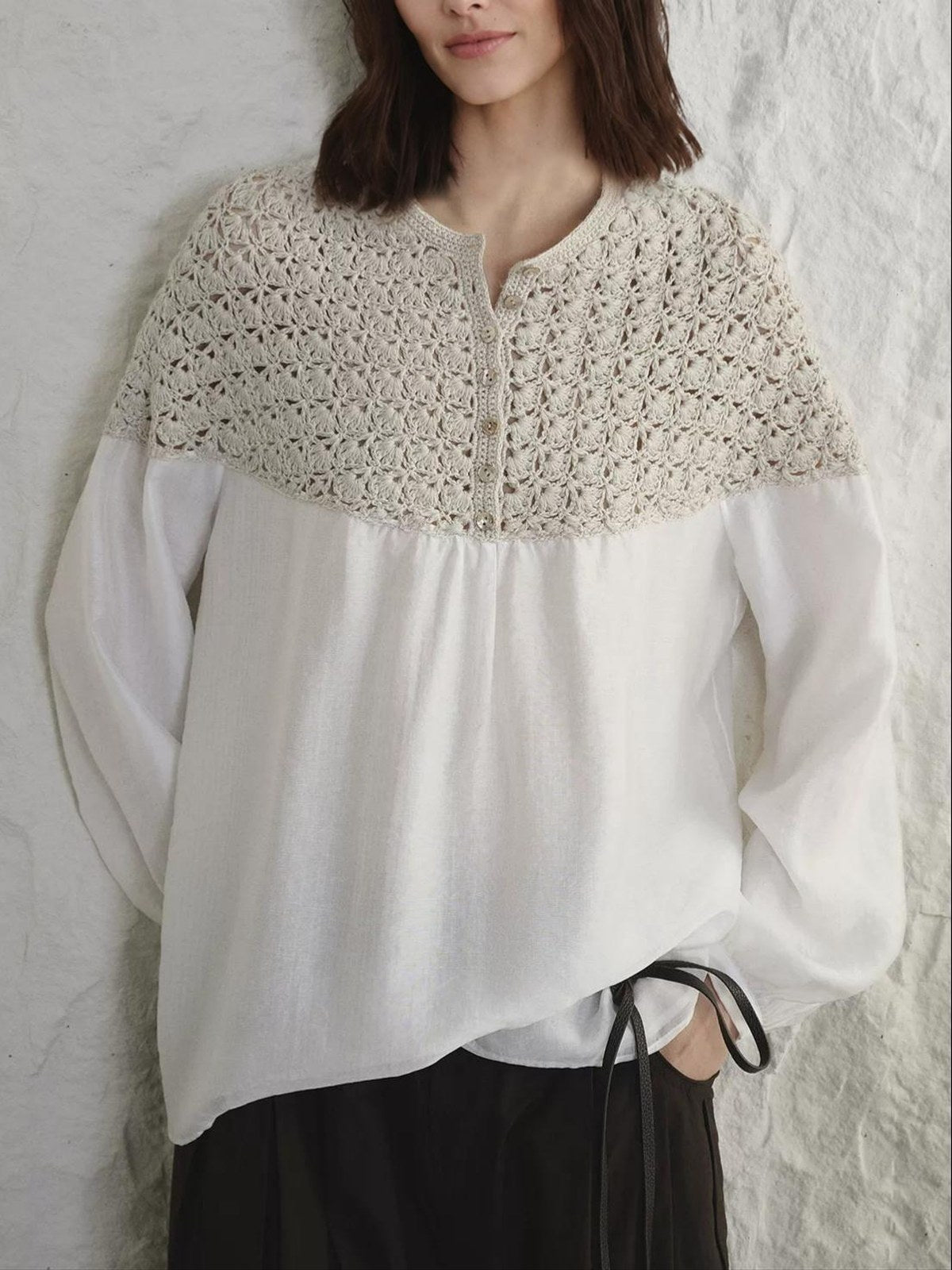Crochet-Yoke Long-Sleeve Blouse