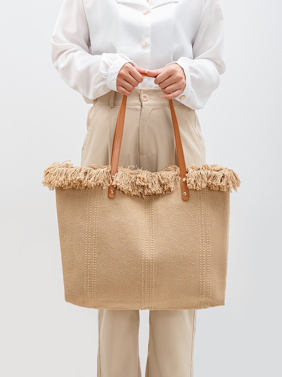 Handwoven Raffia Tote Bag with Fringe Trim