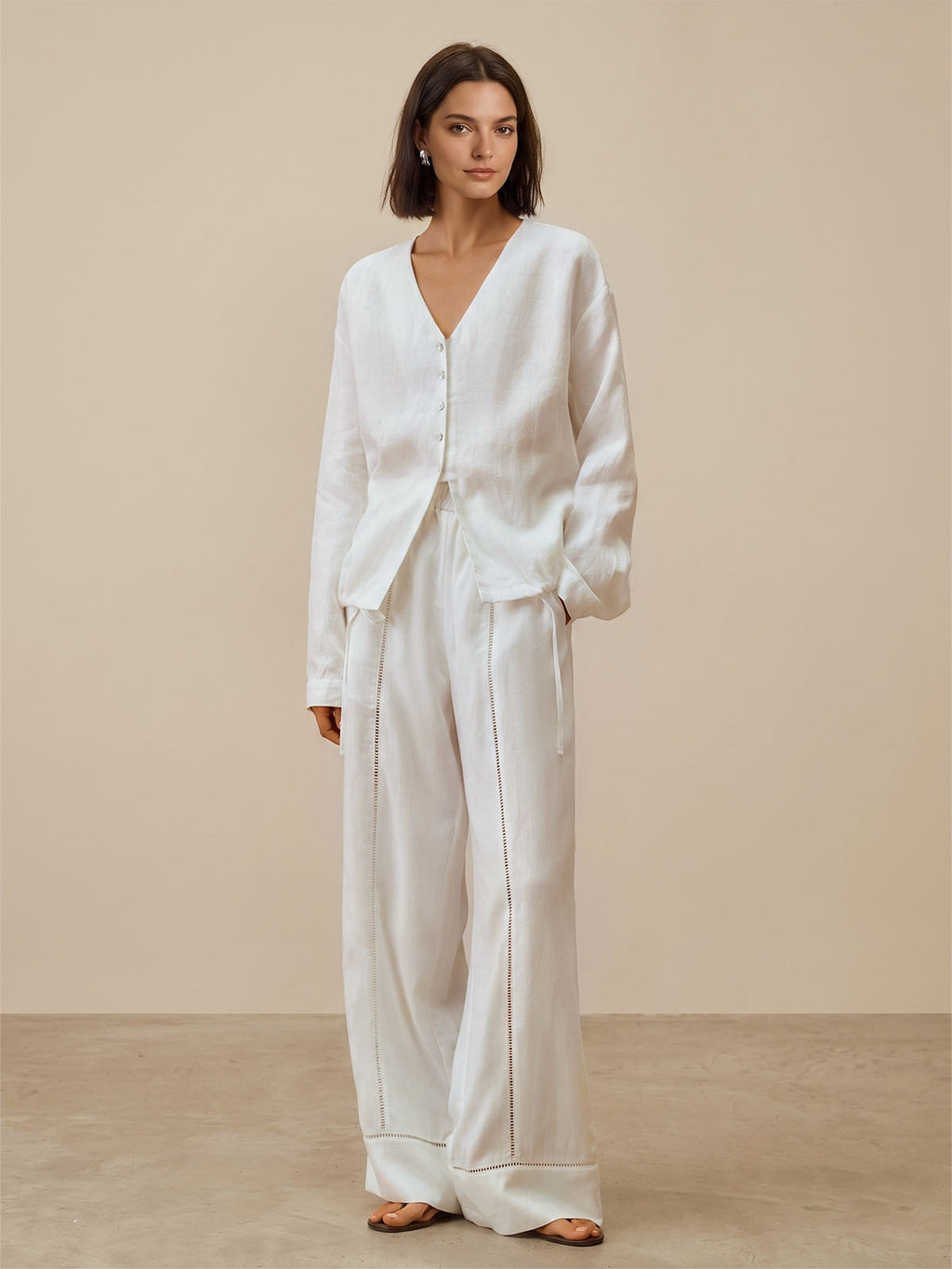 Lace-Trimmed Cutout Linen Pants