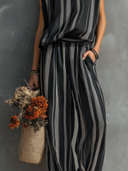 Mono de mujer a rayas, de mezcla de lino - Corte holgado, sin mangas, pierna ancha, ropa informal de verano