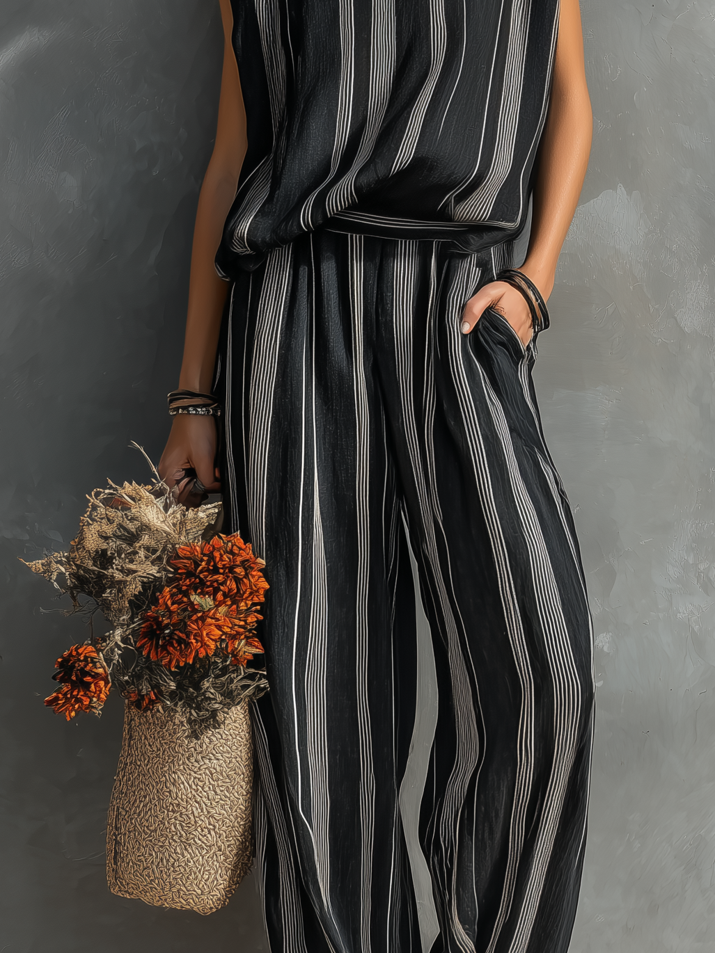 Linen-Blend Striped Jumpsuit for Women - Loose Fit, Sleeveless, Wide Leg, Summer Casual Wear