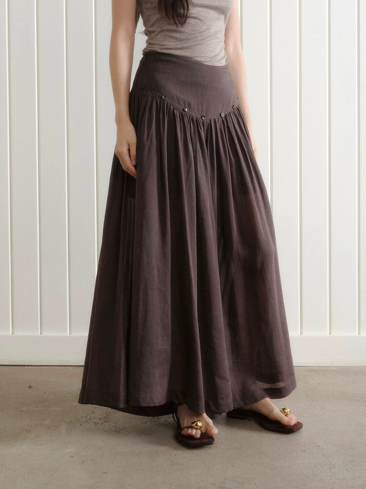 Button-Trim Gathered Midi Skirt